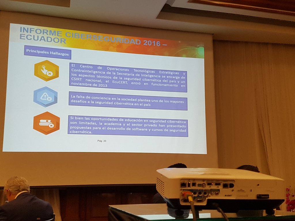 Itahora's tweet photo. Informe sobre ciberseguridad 2016 Ecuador principales hallazgos señalados por Carlos Villamizar @global_suite dura re el #ISACAFULLDAYec @isacaEC https://t.co/67GZPPvWSg