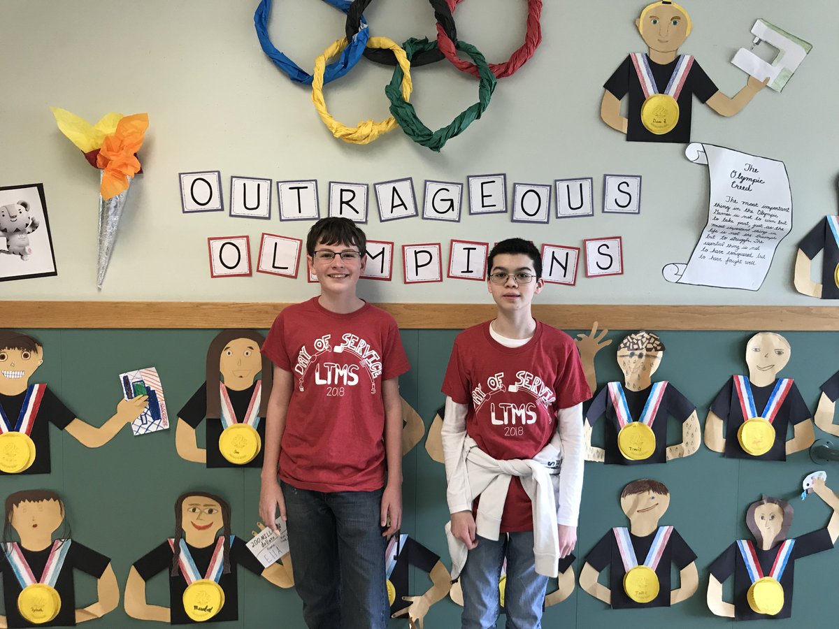 MaloneLWE's tweet photo. LTMS kids helping out in 4th grade at LWE.   They spent quality time with some kids, took down our Olympic bulletin board, &amp; assembled packets. Yes, that’s my own child (Brady) helping out! #LTMServes @JodieVillemaire https://t.co/qvospTAN9h