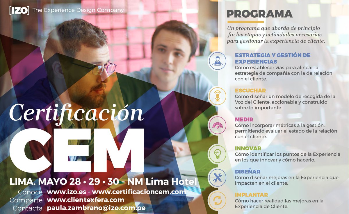IZOInsights's tweet photo. Cuarta edición del Programa de Certificación CEM en Perú, no te lo pierdas!!
https://t.co/8uZTvj503l https://t.co/aLtx628Jkh