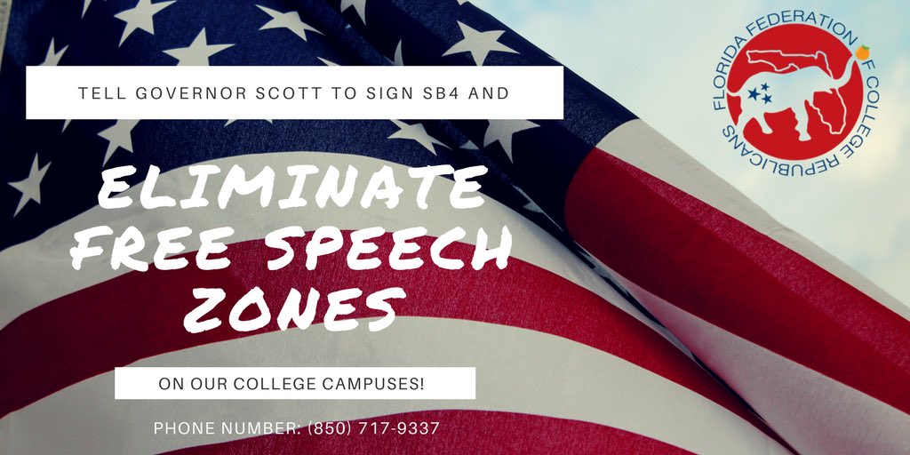 Dear @FLGovScott, please sign SB 4 and eliminate free speech zones on our college campuses! Sincerely, the members of #FFCR &amp; supporters of free speech! 🇺🇸