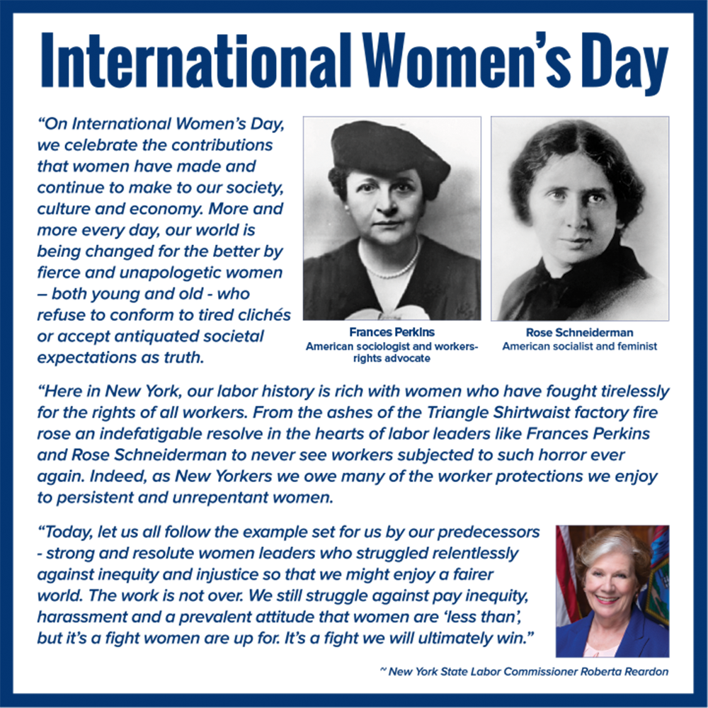 NYSLabor's tweet photo. Happy International Women's Day from @NYSDOLCommish and the NYS Department of Labor! #InternationalWomensDay #NYLabor #NYLaborWorks #NYWomenLead #EndThePayGap #EqualPayNY https://t.co/xspjYRzzb8