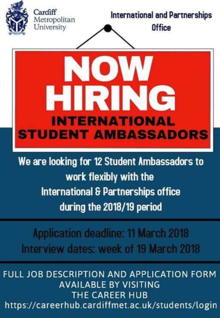 sas_macpherson's tweet photo. This is a fantastic opportunity to represent @cardiffmet university and provide a voice to the International community 🌍🌎🌏 #studentvoice #employability #careerdevelopment #WeAreInternational @CSS_StudyAbroad https://t.co/Xnq2kNKj7o