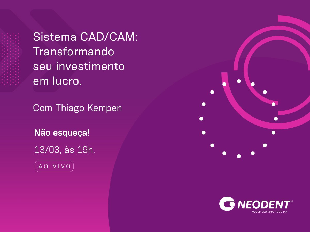Falta pouco para a videoaula ao vivo do Thiago Kempen: como os sistemas CAD/CAM e a tecnologia podem maximizar seus resultados, trazendo mais lucratividade a você e agilidade aos processos. Acesse neodent.academy e cadastre-se gratuitamente.