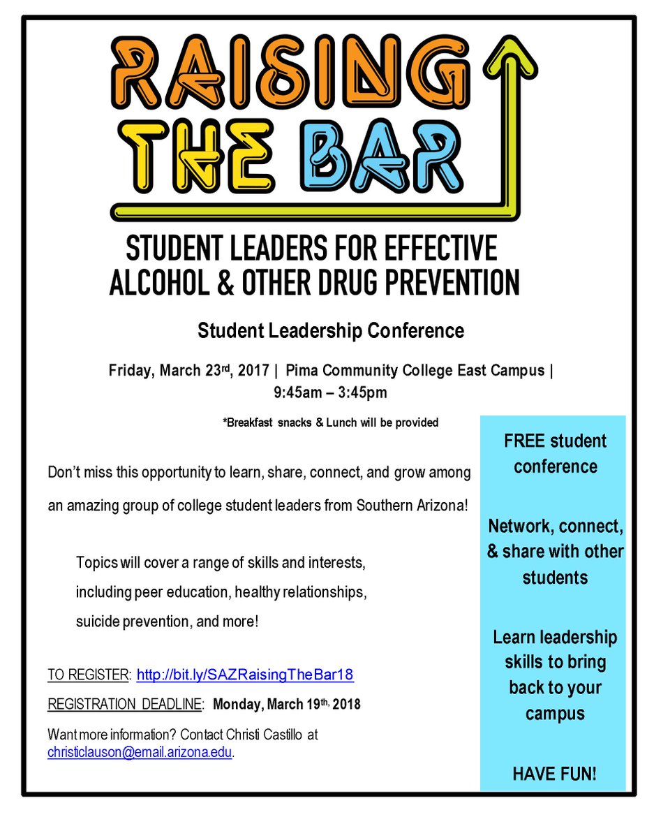 StudentLifeEast's tweet photo. Pima students! Register now for the Raising the Bar Conference March 23! This is a FREE event and will cover topics pertaining to alcohol and other drugs, suicide prevention, healthy relationships, bystander intervention, and more https://t.co/PSEjW69fjz https://t.co/vVLylfzSt6