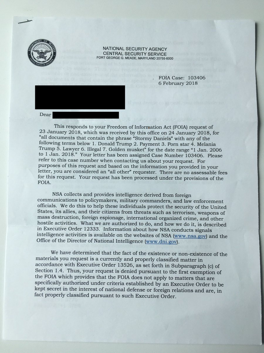 WoodworkBoston's tweet photo. @sethmeyers, @StephenAtHome, @Trevornoah, @iamsambee There's an FOIA case related to @StormyDaniels, @realDonaldTrump, and possibly a "Golden Musket"...whatever that is.  Apparently existence or non-existence of related documents is classified.  WTF IS A GOLDEN MUSKET??? https://t.co/hn47t9DRb4