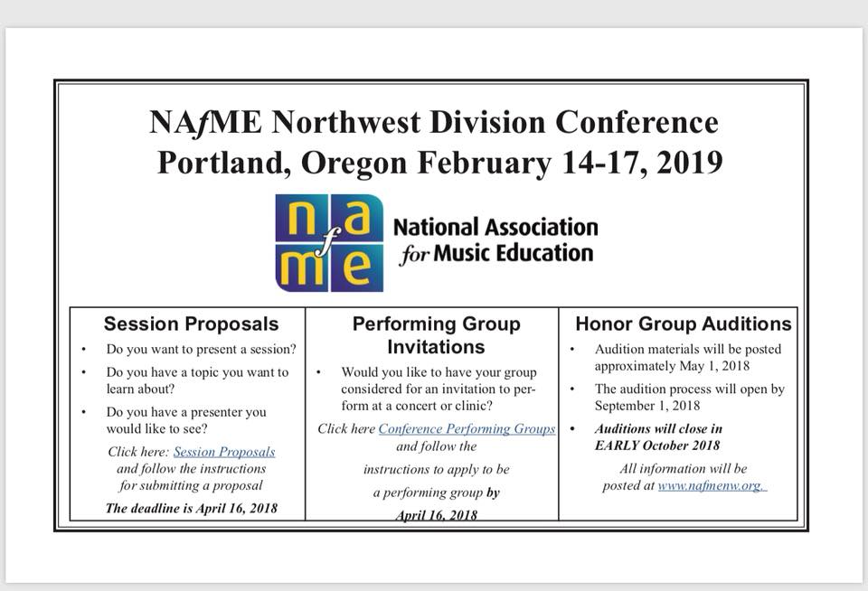 NAfME Northwest Division Conference, Portland, Oregon 
February 14-17, 2019

Would you like to have your group considered for an invitation to perform at a concert or clinic?

Click here nafmenw.org for further info.

#NAfMENWDivisionConference #2019 #Portland