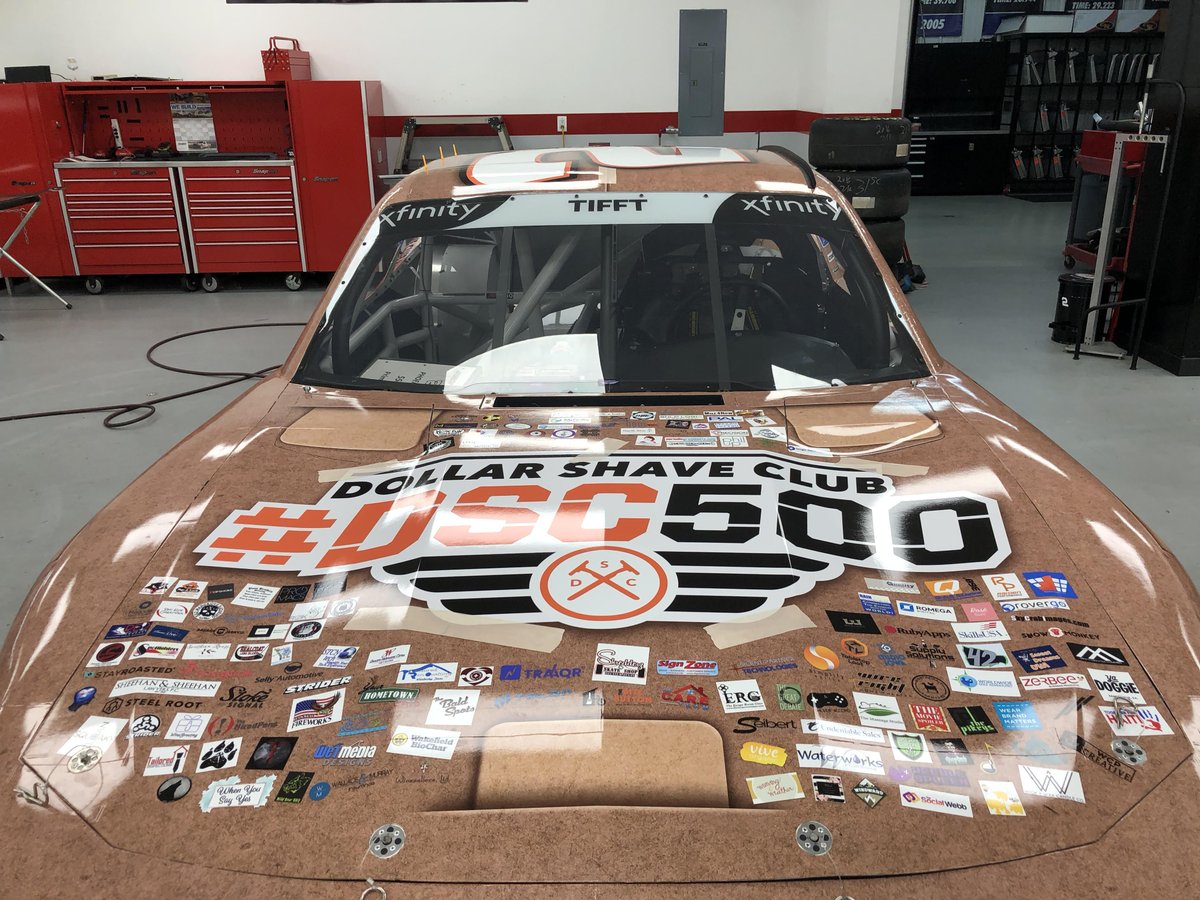 DollarShaveClub's tweet image. The #DSC500 car is wrapped and ready for it's weekend debut. Congrats to all of the small businesses who secured their spot on @matt_tifft's car.