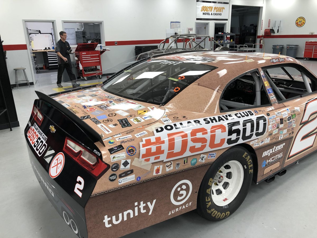 DollarShaveClub's tweet image. The #DSC500 car is wrapped and ready for it's weekend debut. Congrats to all of the small businesses who secured their spot on @matt_tifft's car.