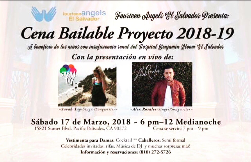 sarahtaymusic's tweet photo. If you’re in the LA area, come by and support the Fourteen Angels Foundation March 17th @ 6 PM! We are raising funds to aid kids in El Salvador with renal impairment. I will be performing with some other friends and there will be food! Contact me for more info😊 https://t.co/g4HLQGs99j