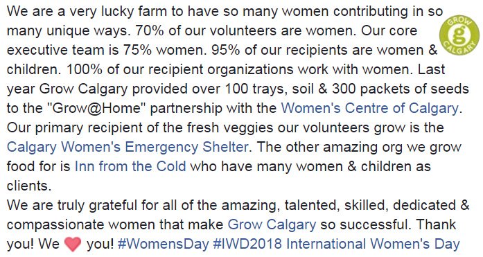 GrowCalgary's tweet photo. What is the impact of women on our Community Farm? These numbers say it all. We are so blessed to have so many amazing, talented &amp; compassionate women involved in making #FoodAccess a reality for so many vulnerable Calgarians. <3 #yyc #yyccc #ableg #cdnpoli #IWD2018 #WomensDay https://t.co/OpbjhqaJ95