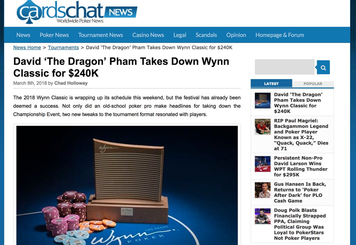 This year's <a href="/WynnPoker/">Wynn Poker Room</a> Classic was a hit. Entries up 20%, big blind ante introduced, and David "The Dragon" Pham won Main Event for $240K. I spoke to <a href="/LVPokerBeau/">Ryan Beauregard</a> about it for <a href="/CardsChat/">CardsChat</a> -> cardschat.com/news/david-the…