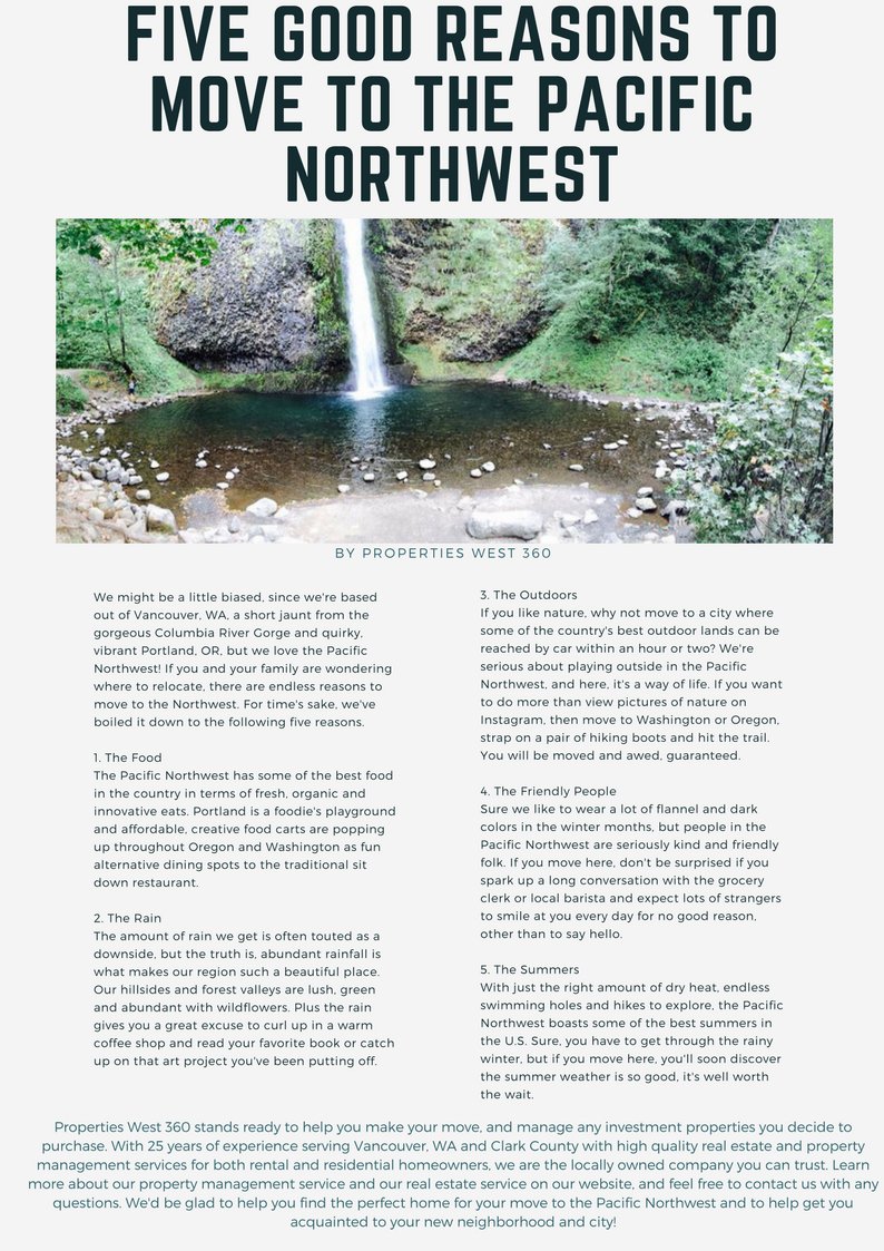 PropertiesWest's tweet photo. We've compiled 5 reasons to move to the beautiful Pacific Northwest! Check it out! What do you love about living here? Leave a comment down below! #PropertiesWest360 #PNW #PaciifcNorthwest #Washington #Oregon #PropertyManagement #RealEstate #PortlandOR #VancouverWA #ClarkCounty https://t.co/lbsttjQa5T