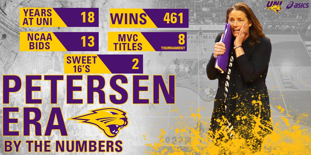 UNIVolleyball's tweet photo. 461 Wins. 13 NCAA Tournaments. 8 MVC Tourney Titles. 2 Sweet 16 Appearances. The Panthers have achieved so much during head coach Bobbi Petersen's 18-year tenure. Can't wait to see what the rest of her UNI coaching career brings for @UNIVolleyball #UNIFight https://t.co/A1pKcmeGtA