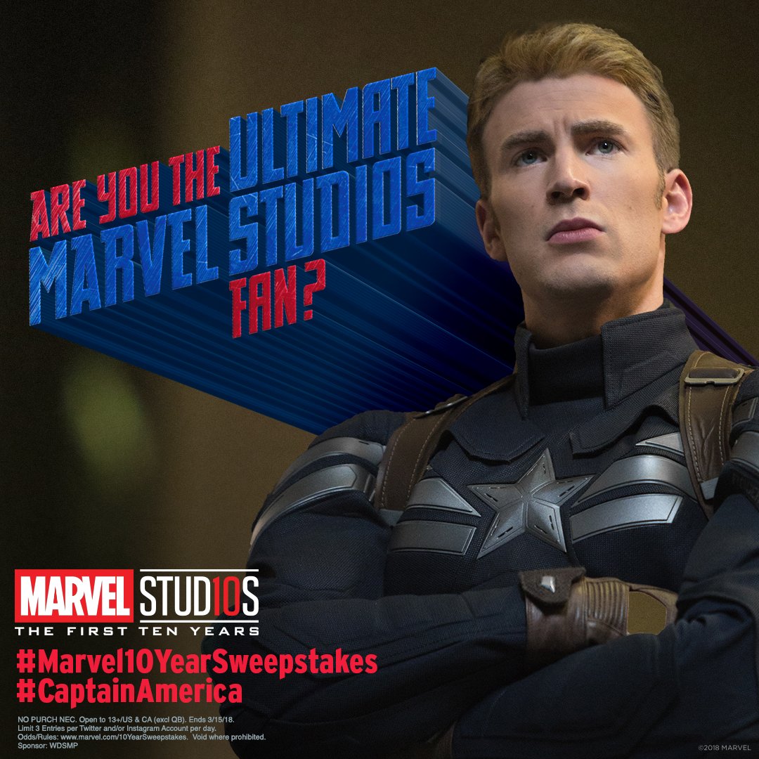 MarvelStudios's tweet photo. Enter the Marvel Studios Ultimate Fan sweepstakes. Post your favorite Captain America memory or your own personal photo w/ #Marvel10YearSweepstakes &amp; #CaptainAmerica for a chance to win a trip to the Avengers #InfinityWar premiere and more! Rules: https://t.co/v1qt9bJS7S https://t.co/4fuSWajPkB