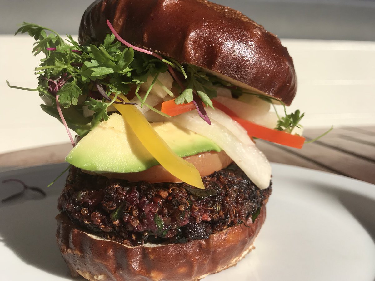Our chef <a href="/barshoptalk/">Christian Warren</a> is proud  to announce our new #vegan burger with pickled jicama slaw, #Avocado, #Roasted #Tomato #microgreens on a #pretzel bun from <a href="/TheRockenwagner/">Rockenwagner</a> we r located near #LAX #vegetarian #healthy #HealthyLiving #foodporn #food #cocktails