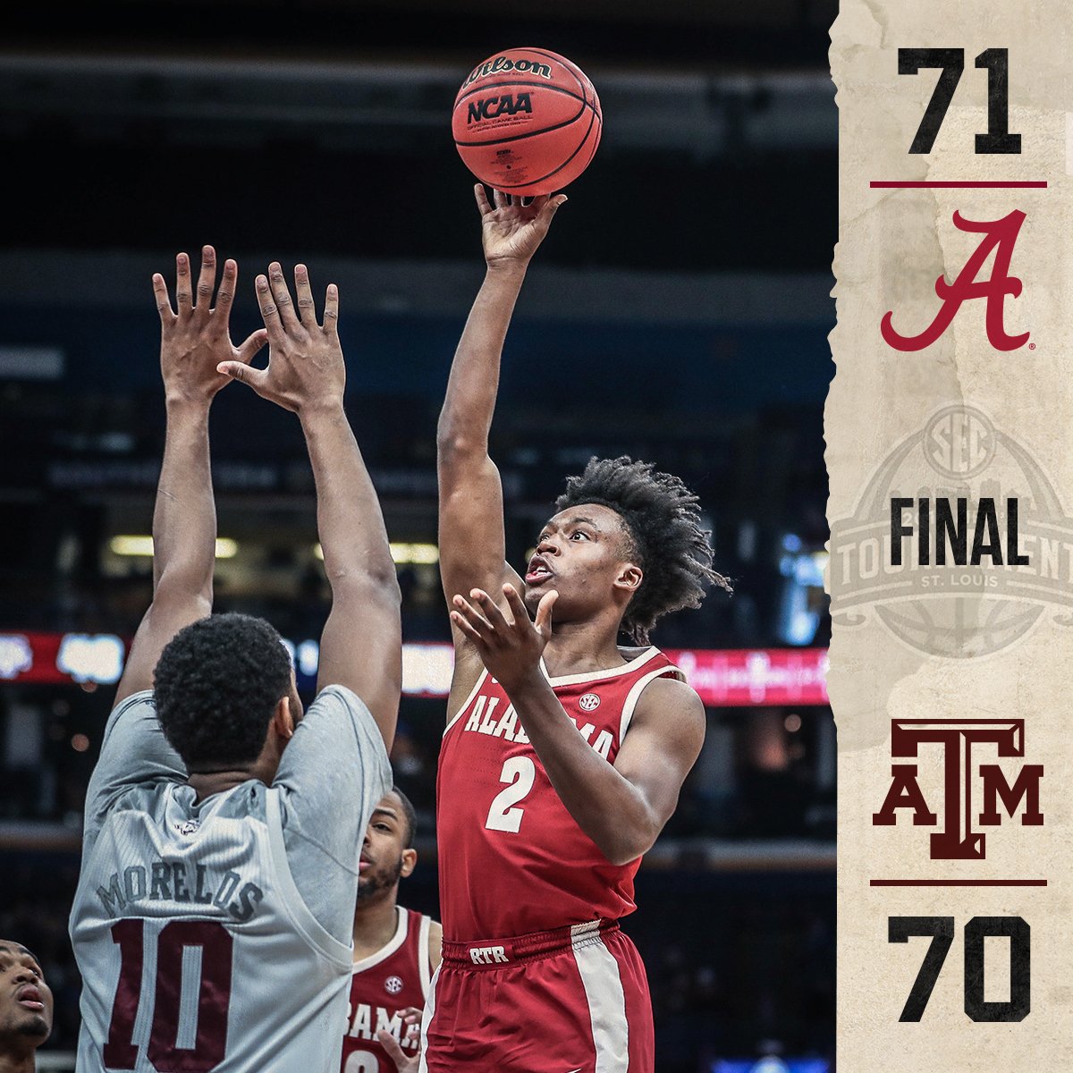 ALABAMA WINS‼️‼️

With 4⃣ seconds left on the clock, Collin Sexton charged down the court and dropped a buzzer-beater to defeat Texas A&amp;M in Round 2⃣ of the #SECMBB Tournament 💪💪💪

#RollTide
#BuckleUp
