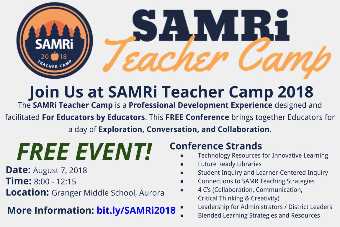 FeketeEDU's tweet image. Join Us for SAMRi Teacher Camp 2018 at Granger Middle School!  #samricamp @allandavenport @lauranylen @jameseichmiller @mattrich0722 @SAMRiCamp #FutureReady204 #DuPageTech #GEGChi