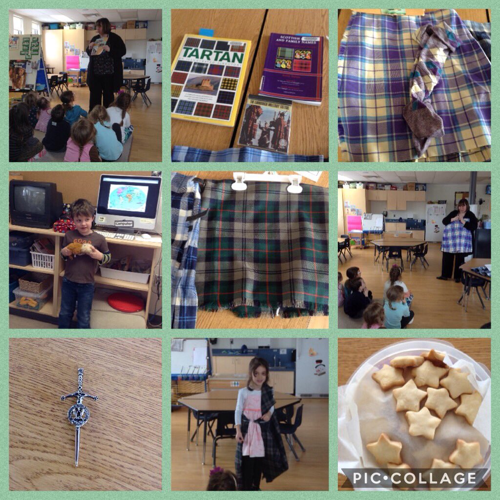 NAM_Room14's tweet photo. Today we "visited" Scotland! Thanks Michelle for sharing!  We learned about family tartans, Highland dancing, bagpipe music and family pins! We practised some dancing and tasted delicious short bread cookies! Yum. Check out our outfits! https://t.co/EQkHOsQcsm