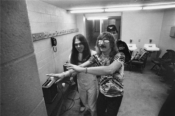 JoeWalsh's tweet photo. Goofing off backstage with Mr. @TimothyBSchmit circa 1980! Looking forward to hitting the road with the Eagles again next week #TBT https://t.co/d2widtJDvL