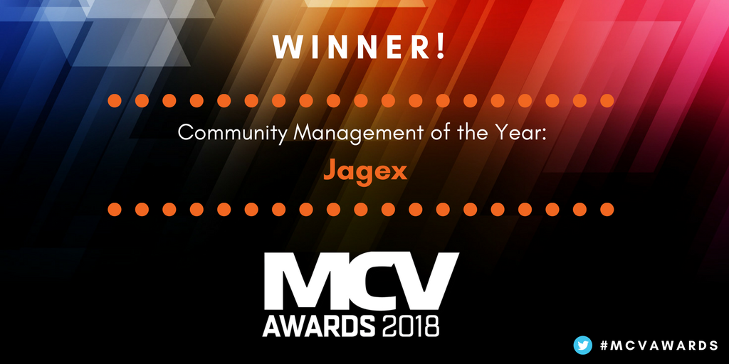 MCV_DEVELOP's tweet photo. Kicking off the night is the Community Management of the Year Award sponsored by @ESL @ESLUK… And the winner is Jagex! @Jagex #MCVAwards https://t.co/5lCJ7dCb5y