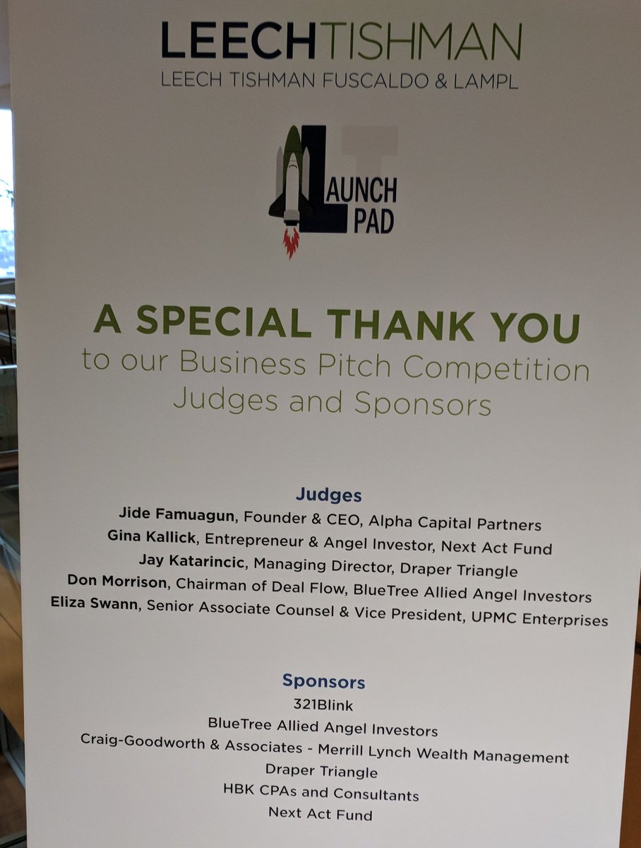 A very special thank you to our judges and sponsors! <a href="/AlphaLabGear/">AlphaLab Gear</a> @gkallick <a href="/NextActFund/">Next Act Fund</a> <a href="/JayKatPgh/">Jay Katarincic</a> <a href="/DraperTriangle/">Draper Triangle</a> <a href="/DonaldGMorrison/">Im Out</a> <a href="/UPMCEnterprises/">UPMC Enterprises</a> <a href="/321Blink/">Blink</a> <a href="/MerrillLynch/">Merrill Lynch</a> <a href="/hbkcpa/">HBK CPAs&Consultants</a> #LTFLLaunch business Pitch Competition