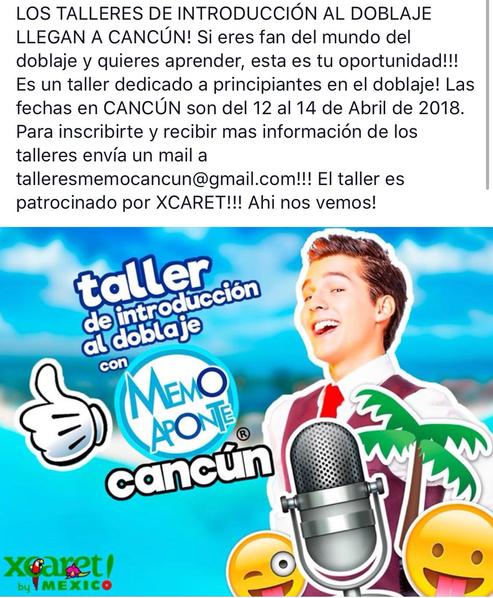 nemoaponte's tweet photo. LOS TALLERES DE DOBLAJE LLEGARON A CANCÚN!!!  Para más info escribe a: talleresmemocancun@gmail.com https://t.co/YgAaQwMa0C