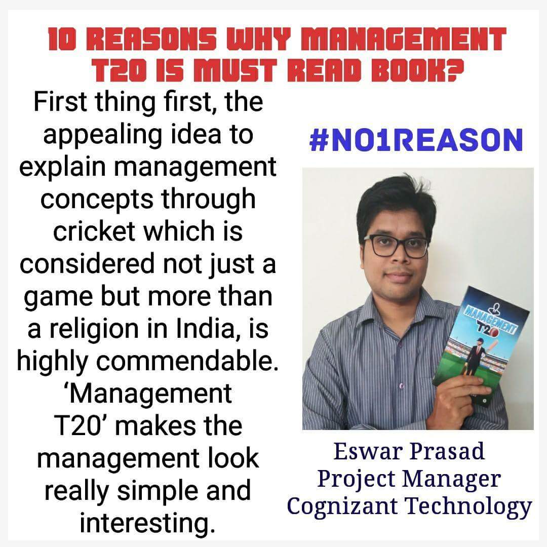 deepakrgupta's tweet photo. Eswar Prasad is a Project Manager at Cognizant Technology. He has completed reading  book and has shared 10 Reasons why everyone should read Management T20 book.  You can read the reason no. 1 to buy and read the Management T20 Book. Buy Now:  

https://t.co/8RqO1KTfPs https://t.co/qVrHcztBIC