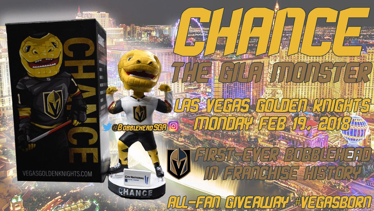 BobbleheadSGA's tweet photo. Inaugural bobblehead for New NHL Franchise Las Vegas #GoldenKnights CHANCE the Gila Monster @chancenhl 

All Fans attending 2/19 received team mascot #bobblehead #VegasBorn #VivaLasVegas #SinCity #VegasBabyVegas https://t.co/ylJ6rujNX9