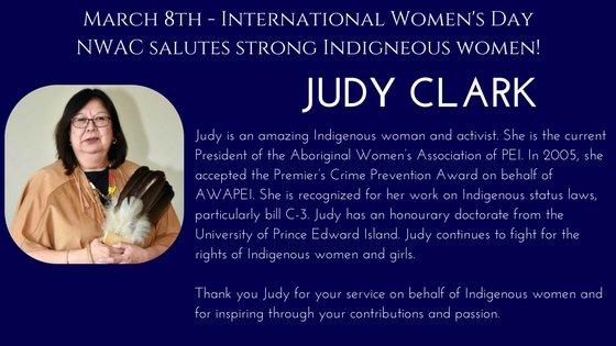 NWAC_CA's tweet photo. On this International Women's Day, NWAC salutes all Indigenous women of our many Nations. Saluting, Judy Clark #internationalwomensday2018 @NWAC_CA @CBCIndigenous @iwbn_bc @indigwomenrise #Indigenouswomen #InternationalWomansDay #InWD2018 #WomensDay #IWD2018 #Indigenous #cdnpoli https://t.co/4GICvYNsfZ