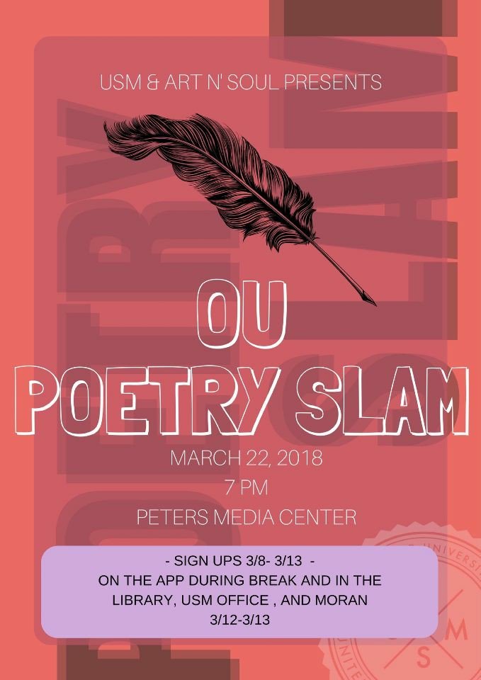 OU_USM's tweet photo. Come out to USM and Art N' Soul's collaborative poetry slam! There will be a panel of judges made up of some of the Art N Soul members themselves! Make sure to mark your calendars!!! https://t.co/VfOHJ14B7o https://t.co/TxP4NsY3ir