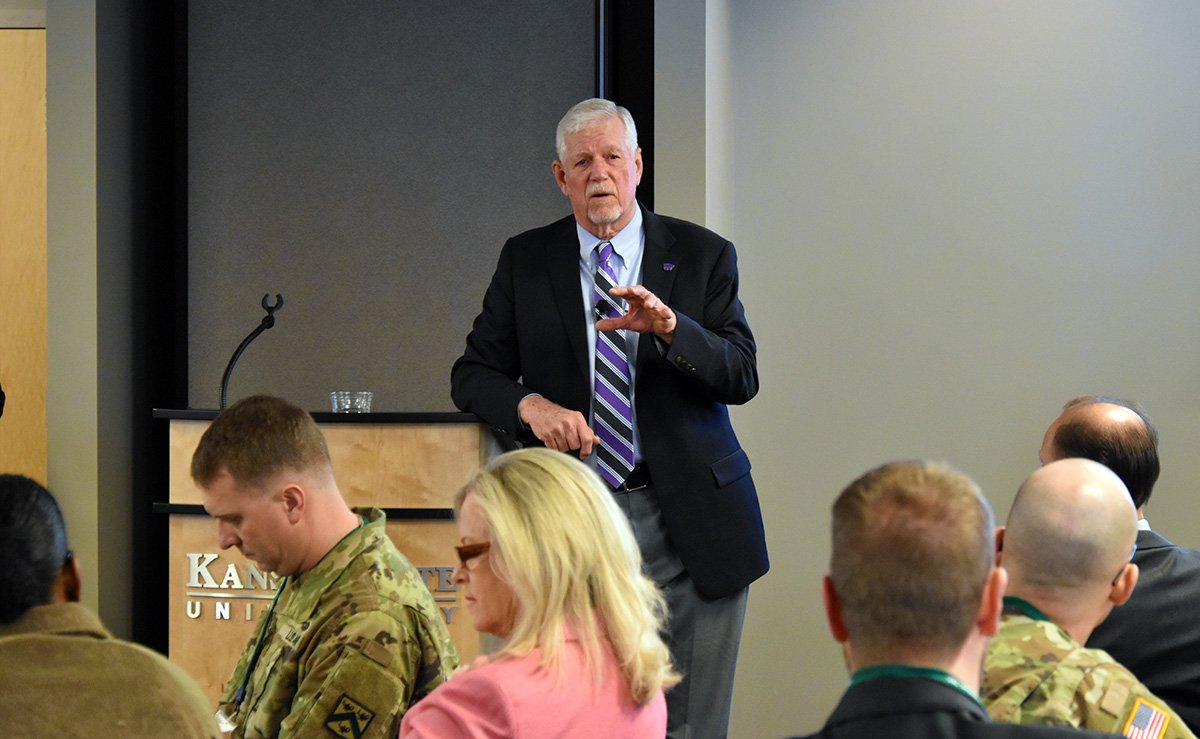 KStateOlathe's tweet photo. Today, Command General Staff College Foundation held a symposium, Leaders of Tomorrow, for more than a 100 attendees at K-State Olathe. To kick it off, #KState President Richard Myers delivered the keynote address on leadership. #ExpandingPotential https://t.co/cbZO6JUNM8