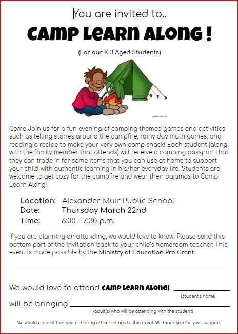 AlexMuirPS's tweet photo. Are you coming to camp? Kindergarten to grade 3 families are invited to join us on Thurs. March 22nd 6:00-7:30 p.m. Please R.S.V.P. @AlexMuirPS #ampslearning #ampsMath #yrdsbmath https://t.co/fJXfOKrtga