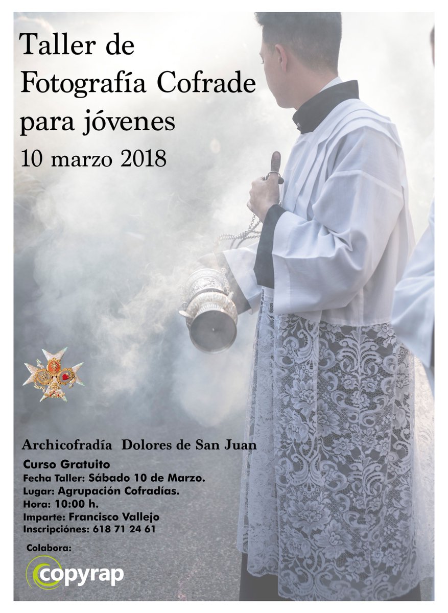 COPYRAP's tweet photo. #CopyrapColabora

Mañana, 10 de marzo, ¡taller de fotografía gratuito!

Un curso de fotografía cofrade para jóvenes, impartido por Francisco Vallejo.

#ArchicofradíaDoloresDeSanJuan https://t.co/qqvuzKfFJZ