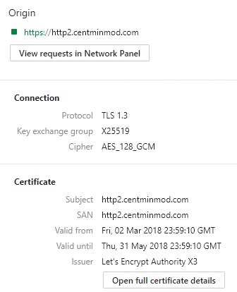 centminmod's tweet photo. Letsencrypt SSL + Nginx 1.13.9 HTTP/2 HTTPS &amp; Server Push + OpenSSL 1.1.1pre2 TLSv1.3 with Chrome 65 TLSv1.3 https://t.co/uryPMiV6Ig ??#nginx #openssl #chrome #tlsv13 #tls13 #websecurity #security #webperf #perfmatters #http2 #centos #linux #devops #sysadmin #letsencrypt https://t.co/Ny7fbeUKmy