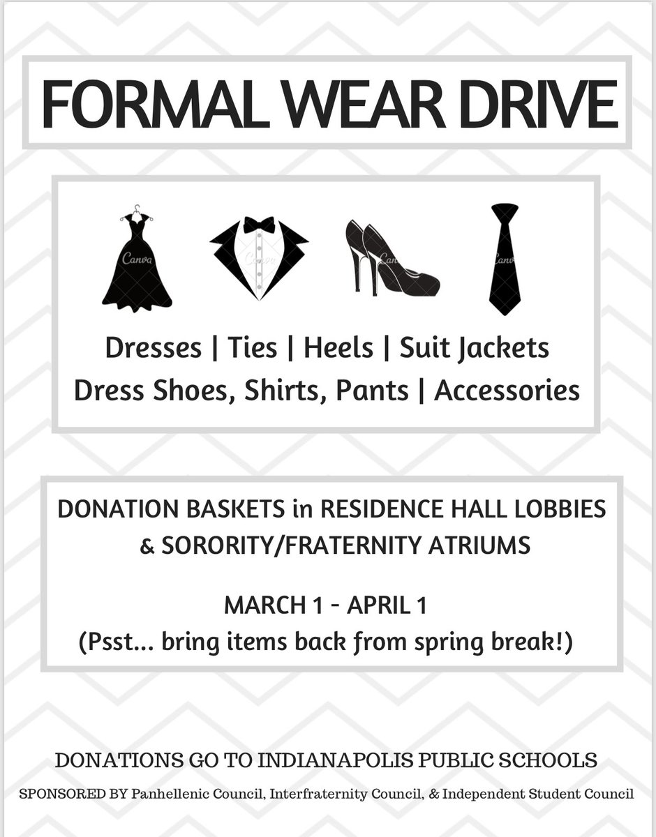 ButlerIFC's tweet image. IPS schools are looking for formal wear donations for their students who cannot afford prom attire and we want your help! Look for laundry baskets in your Greek house or dorm to leave your donations in throughout the month of March so be sure to look for clothes over break!