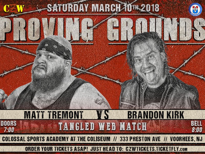 combatzone's tweet photo. #CZWTangledWeb at #ProvingGrounds!
THIS SATURDAY in Voorhees, NJ!
@TremontCZW vs. @TheReal_Kirk 

TIX: https://t.co/kUXQXtbtjB https://t.co/VBjsWh1tfg
