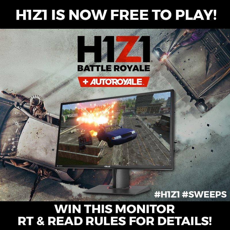 H1Z1's tweet photo. H1Z1 is NOW FREE TO PLAY and you can grab it here >> https://t.co/QeMHLw8Se2 << To celebrate, you can win this ASUS monitor to upgrade your setup! Just follow and RT for your chance. Rules: https://t.co/E4CfPXLpgb #H1Z1 #Sweeps https://t.co/P69yozbiHy