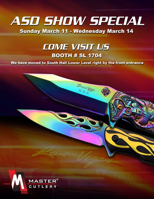 MasterCutlery's tweet photo. ASD Las Vegas Show 2018 
Come Visit Us Booth # SL 1704 
3/11 to 3/14 
We have moved to South Hall Lower Level right by the front entrance😀

#asdshow #lasvegas #tradeshows #knife #pocketknife #wholesale @mastercutlery https://t.co/27nE1nRg74