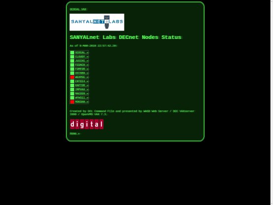 OpenVMS_DECnet's tweet photo. quick #OpenVMS #DCL command script checks all my #DECnet nodes, generates #HTML web page served by #WASD web-server scheduled every 30 mins on SYS$BATCH queue on #QCOCAL #VAX #VAXserver #SANYALnet Labs! https://t.co/WfVY9SnULQ https://t.co/WtBfGzcKAD