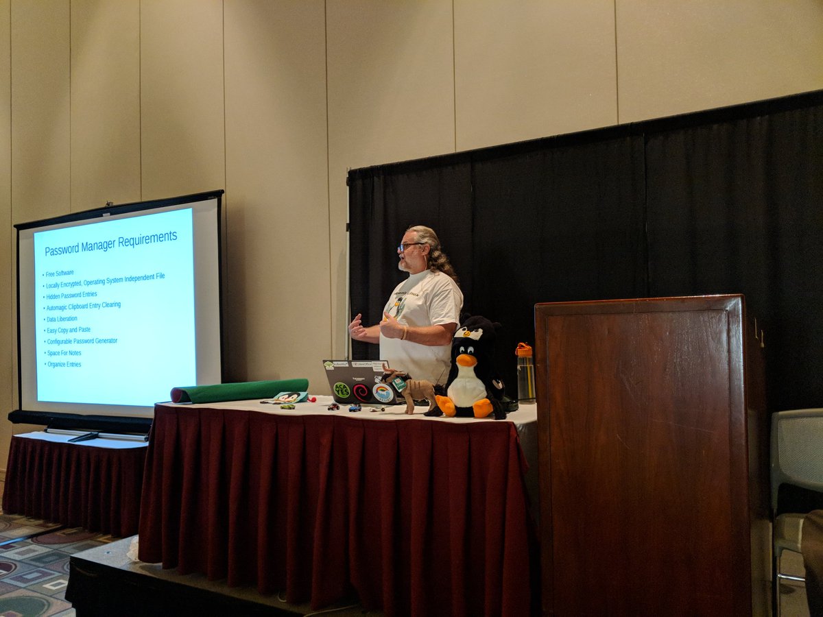 nhaines's tweet photo. Another packed room with over 125 people learning good password management courtesy of Der Hans at #UbuConAtSCaLE #scale16x https://t.co/27B2LV7gb2