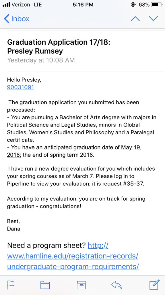 PresleyLR's tweet photo. Receiving this email made such a huge rush of accomplishment flood over me that I can’t imagine how I’m gonna feel when they actually hand me the degree. You see how long it took her to describe my degree?? 😏 #OnMyWay #Accomplished #Proud #HardWorkPayingOff #Knowledged https://t.co/wBGE4Ou5UA
