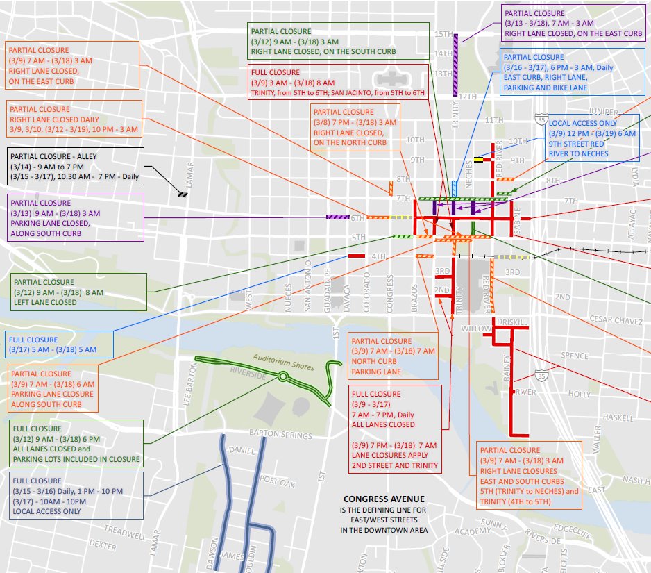 austinmobility's tweet photo. EVENT ROAD CLOSURE #ATXTraffic: Spring Festival Season (includes #SXSW), March 9, 7a.m., - March 18, 11:45 p.m., downtown area, see map for all closures https://t.co/qoKuWW4Pkr #ATXDetourDay https://t.co/3ujBUmCzRr