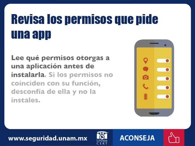 unamcert's tweet photo. Al instalar aplicaciones en tu dispositivo móvil, es necesario que verifiques los permisos que está solicitando https://t.co/DYXcTX14gV vía @unamcert https://t.co/437lx9ZmzV