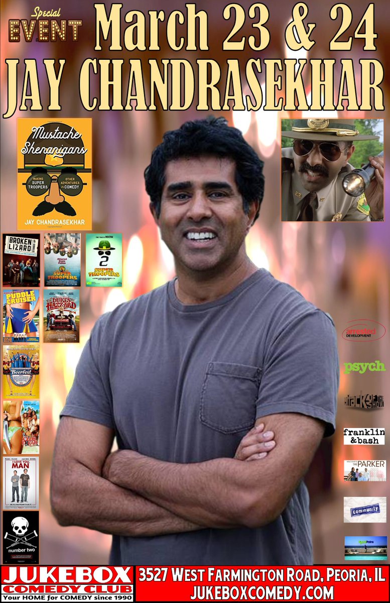 jukeboxcomedy's tweet image. Thorny is coming to Peoria!! March 23 - 24 ! Actor/Writer/Director/Comedian @jaychandrasekha is here! Tickets are on sale NOW at jukeboxcomedy.com #SuperTroopers #PuddleCruiser #Beerfest #Comedy #Peoria #IL