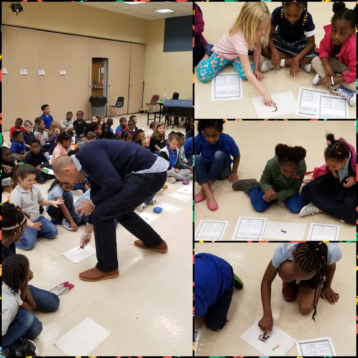 Crazy/fun science lesson with all first graders! Real worms vs. Gummy worms-what makes them different? Thanks for the helping hand @tharris278 
<a href="/AMcGowan85/">Amanda McGowan</a> @MissParkhurst <a href="/PTEDolphins/">PalmTerraceDolphins</a>
