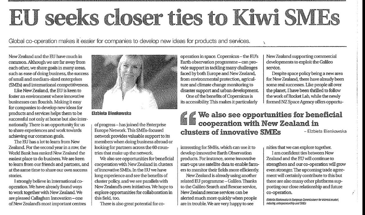 EUinNZ's tweet photo. 🗞️🗞️ In the news today ... @EBienkowskaEU writes about her visit &amp;  benefits of closer #EUNZ #SME cooperation &amp; space cooperation in @TheNBR 
@enterprise @EEN_EU @EU_Growth @eeas @CopernicusEU @GalileoGNSS https://t.co/CgmBanKsoz