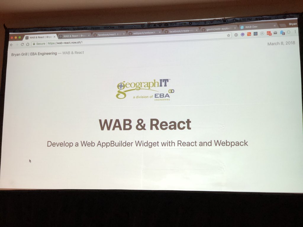 EsriDevEvents's tweet photo. Bryan Grill presents “Developing a #Web #AppBuilder #Widget with #React and #Webpack” in Mesquite C #userpresentations #devsummit https://t.co/SkD3Cht8Kq