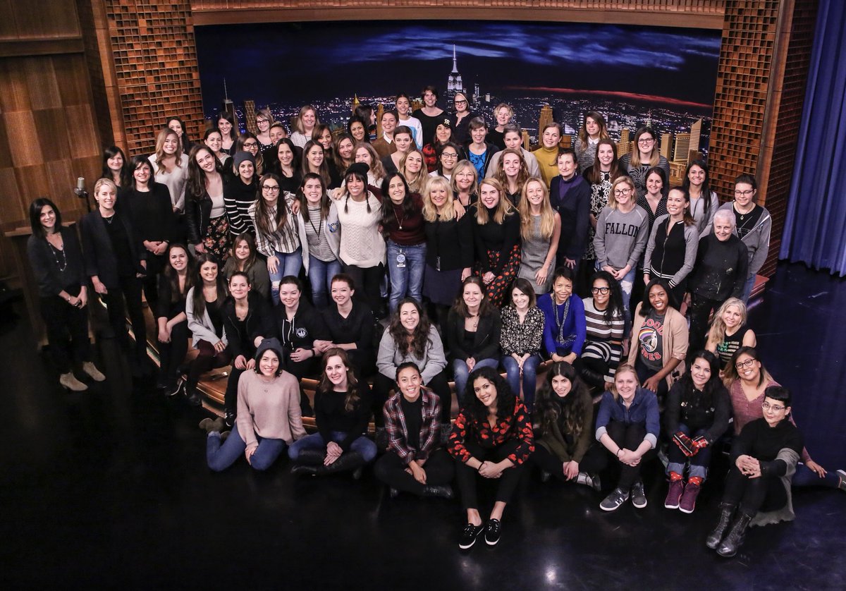 jimmyfallon's tweet photo. These are just some of the awesome women I work with at the Tonight Show - without them there would be no Tonight Show. Thank you! #InternationalWomensDay #FallonTonight https://t.co/hQLOrfLGCh