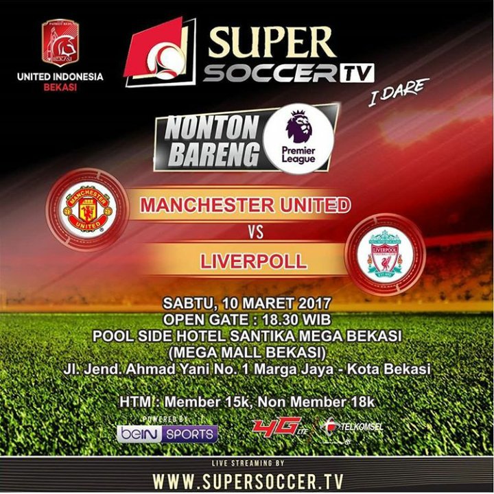 MATCH SCREENING BIG MATCH!!
<a href="/ManUtd/">Manchester United</a> vs <a href="/LFC/">Liverpool FC</a>

📆 Sabtu, 10 Maret 2018
🕗 Open Gate: 18:30 WIB
🏟 POOL SIDE HOTEL SANTIKA MEGA BEKASI (MEGA MALL BEKASI)
💵 15K member/18K NonMember (Free Softdrink)
📱 Agy 0857-7720-2255

#WEAREUNITEDID 
#YOUC1000ISOTONIC
#UNITEDINDONESIA