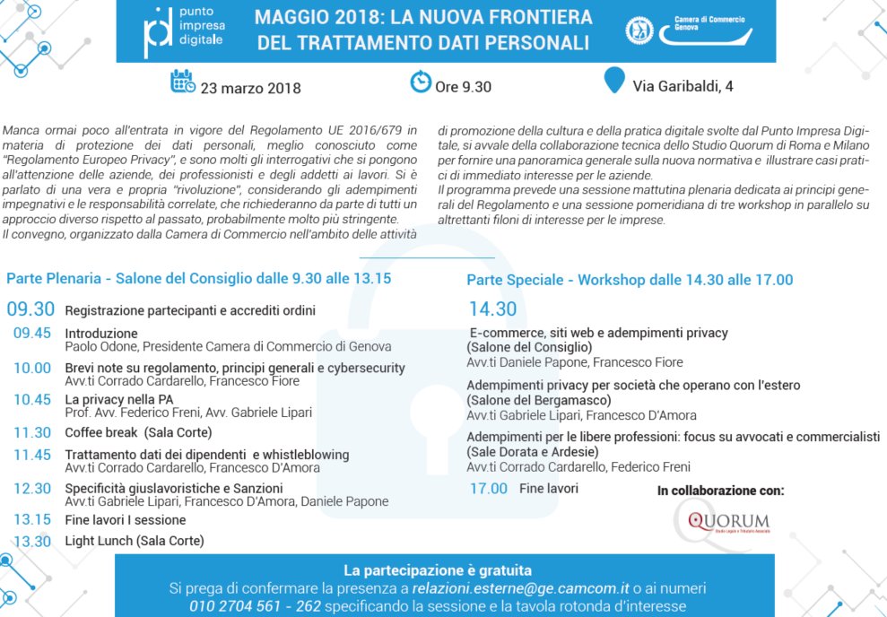 pidgenova's tweet photo. A maggio scatterà l'adeguamento alla legge sulla #privacy! I dati dovranno essere trattati in maniera molto più stringete, venite a scoprire come e perché al convegno della #CamComGe il 23 marzo ore 9.30 @PID_CamCom @AgidGov @AnsaLiguria @ilsecoloxix @rep_genova @primocanale https://t.co/PF1uEuIfOs